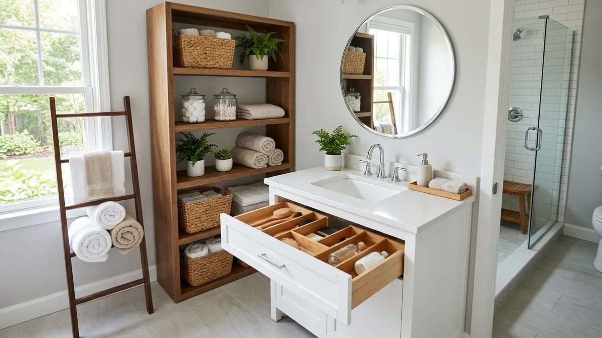 Organized modern bathroom with open shelving wicker baskets and labeled storage containers