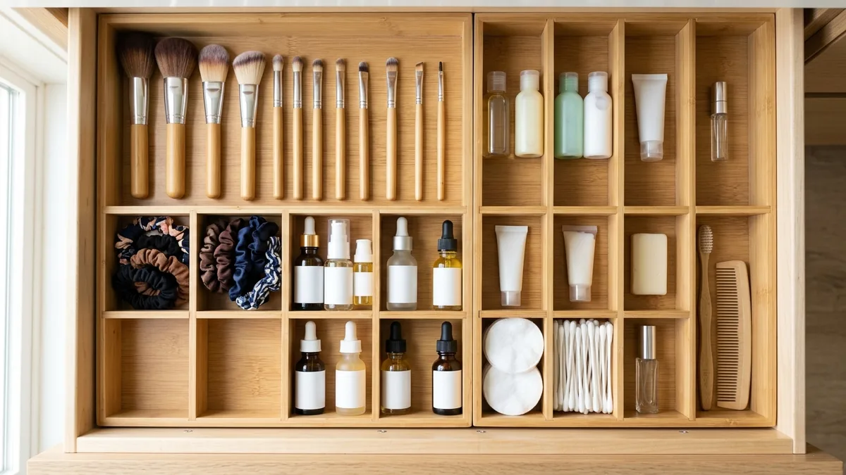 Bathroom vanity drawer organizer with bamboo dividers separating makeup brushes skincare and hair accessories