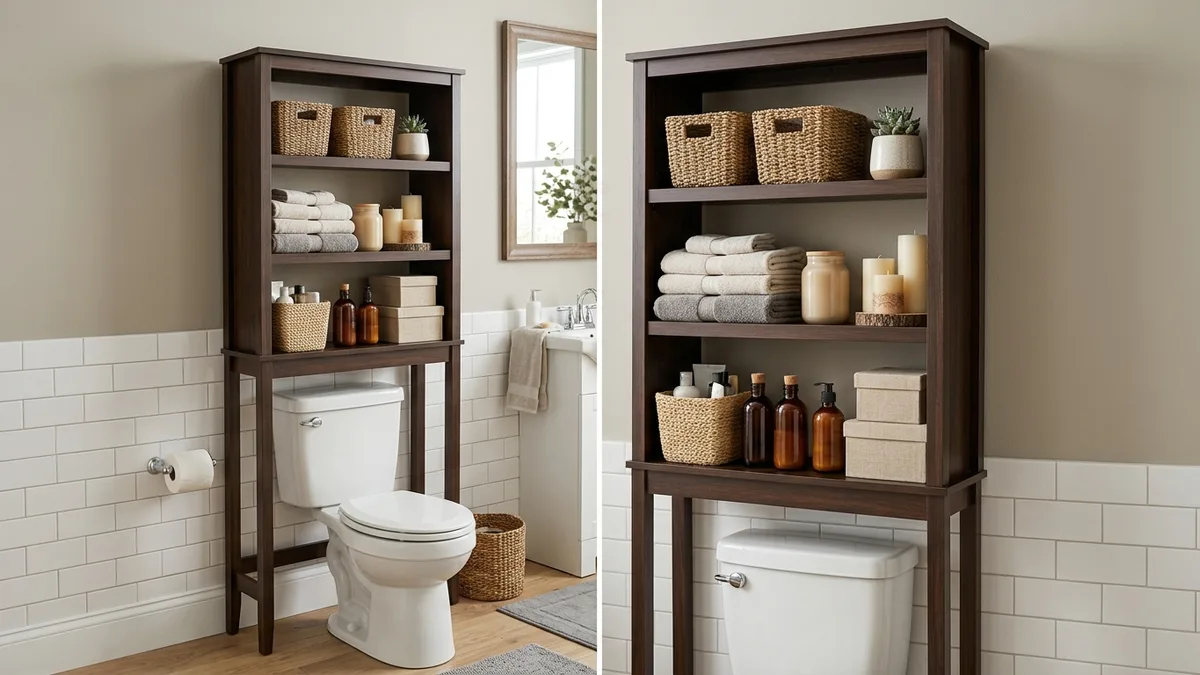 Over the toilet bathroom storage unit with woven baskets folded towels and labeled toiletry boxes