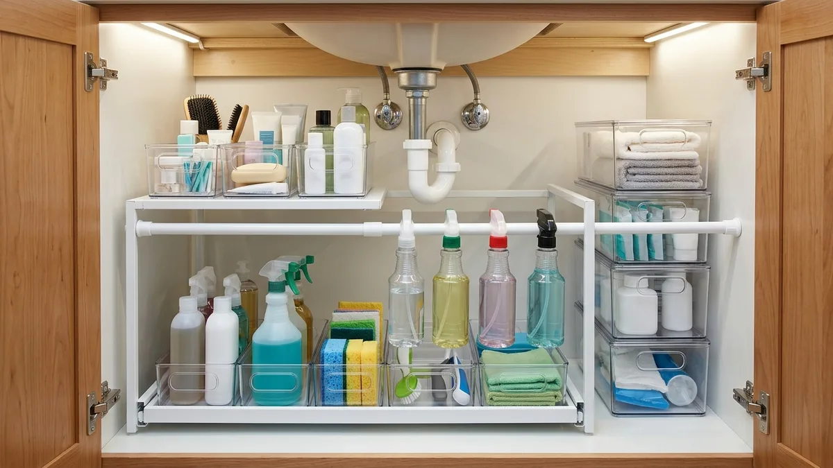 Organized under-sink bathroom cabinet with clear bins pull-out drawers and tension rod spray bottle holder