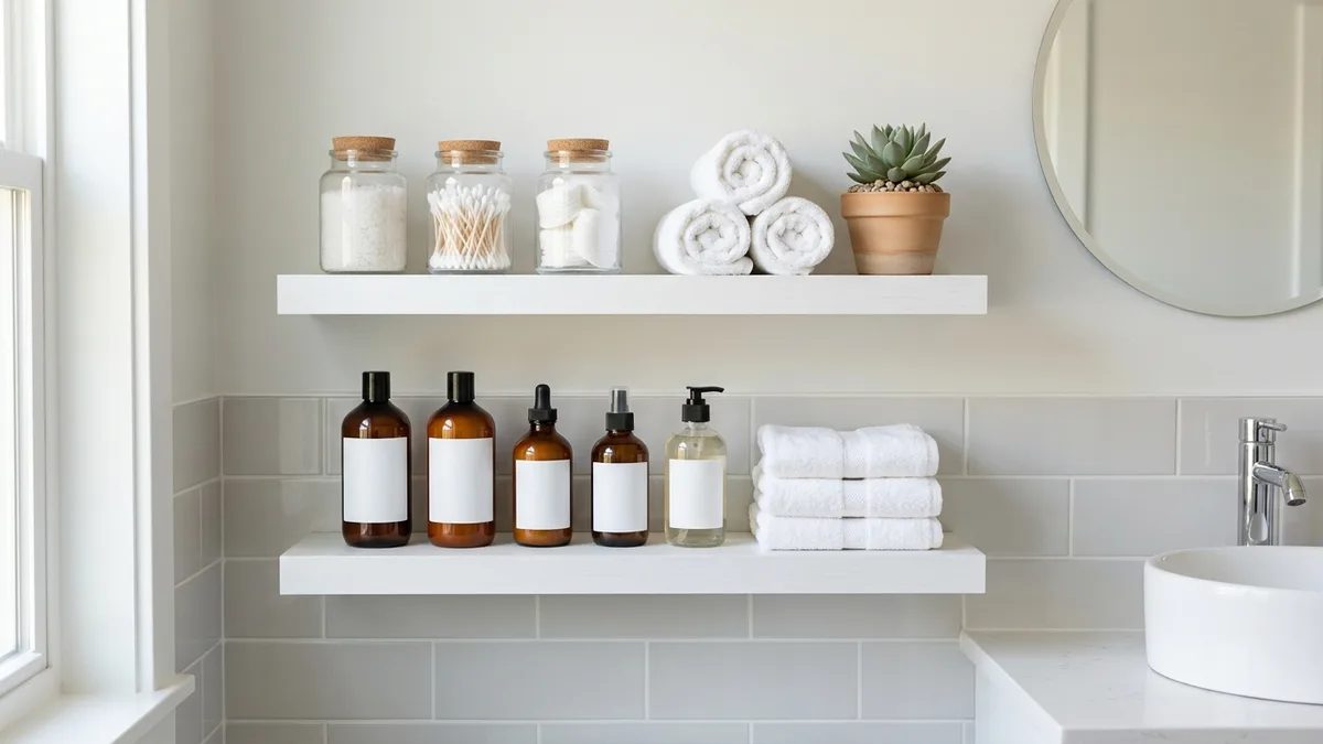 Floating white bathroom wall shelves with glass jars rolled towels and small indoor plant