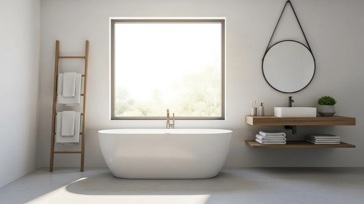 Modern bathroom with organized towel storage on a wooden ladder rack