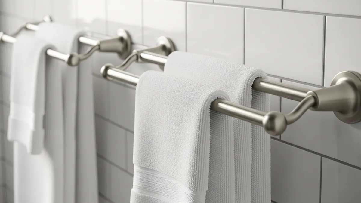 Brushed nickel towel bars mounted on white subway tile bathroom wall
