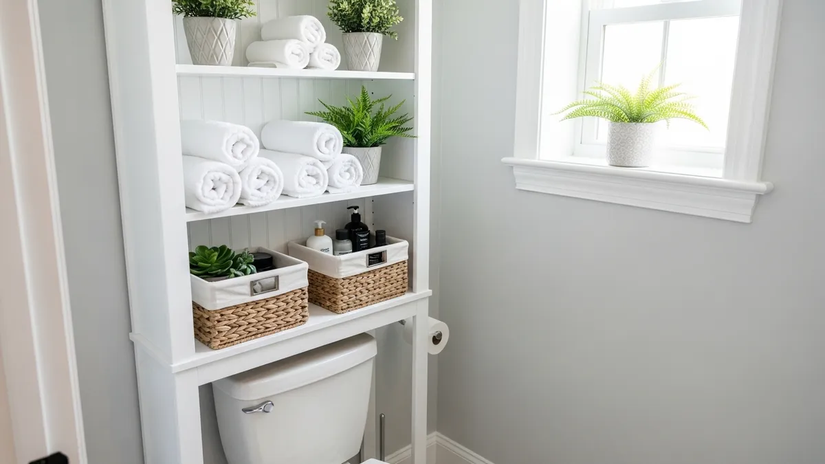 Over-the-toilet storage unit with rolled towels and baskets in small bathroom