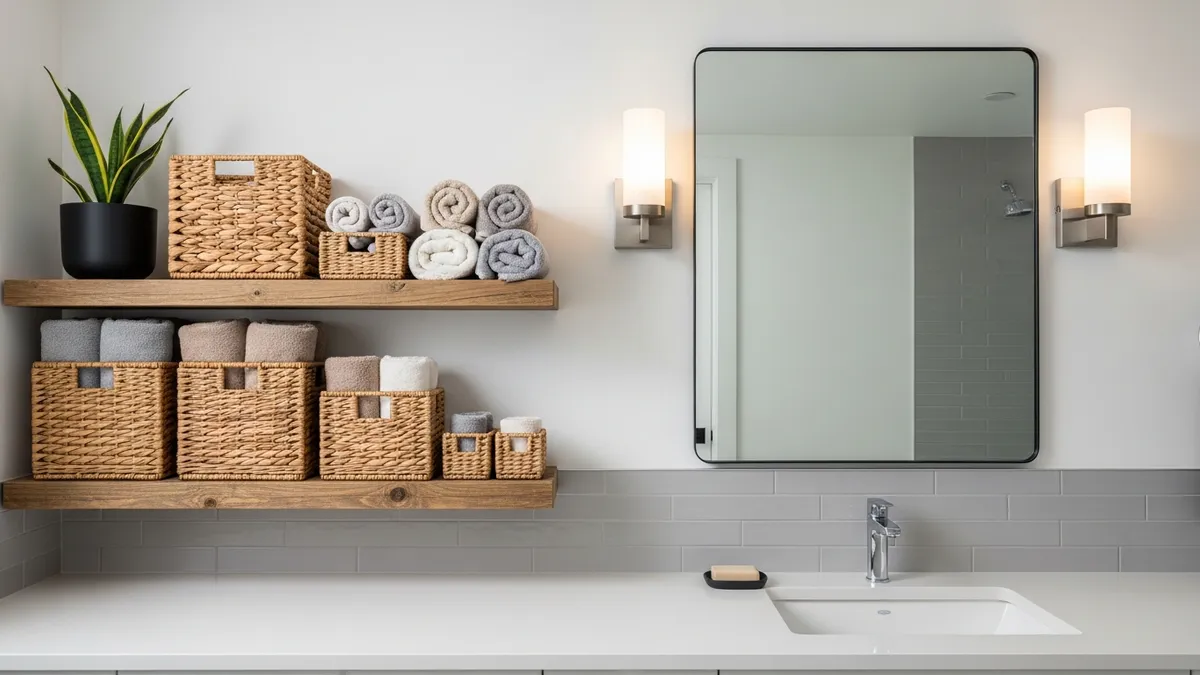 Wicker baskets holding rolled towels on open bathroom shelves