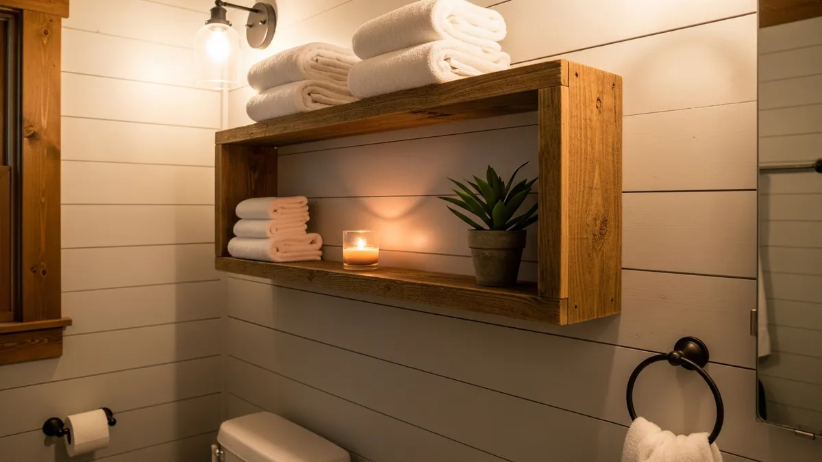 Rustic wall-mounted wooden shelf with folded towels and bathroom decor
