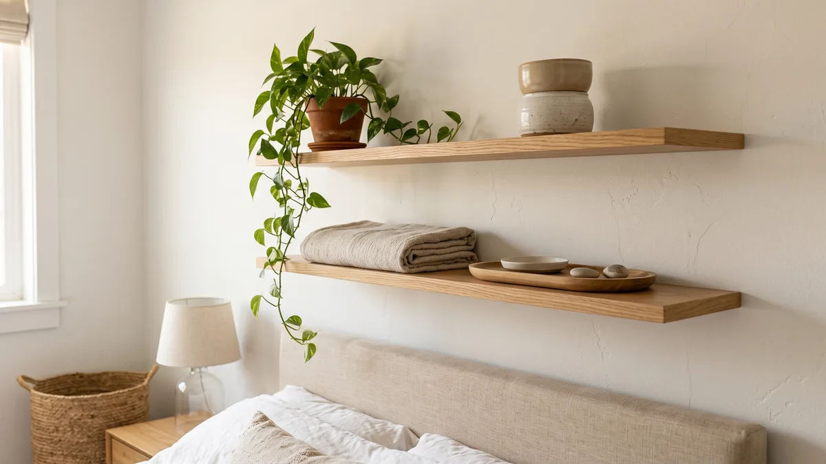 Two slim oak floating shelves above a bed styled with a trailing plant, stacked ceramics, a folded throw and a small tray