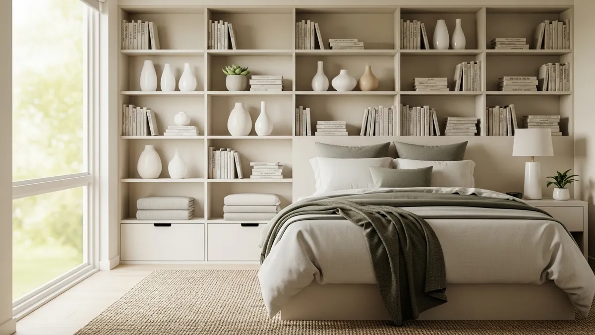 Organized modern bedroom showcasing smart bedroom storage ideas with built-in shelves and under-bed drawers