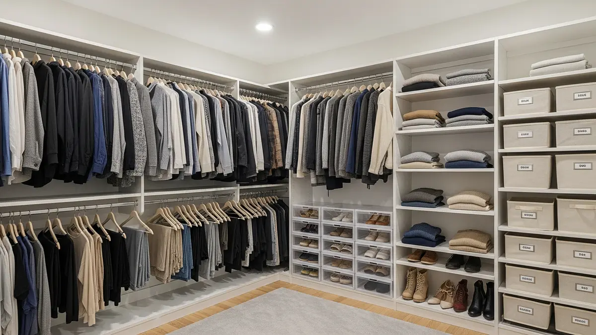 Well-organized bedroom closet with double hanging rods, shelves, and labeled storage bins