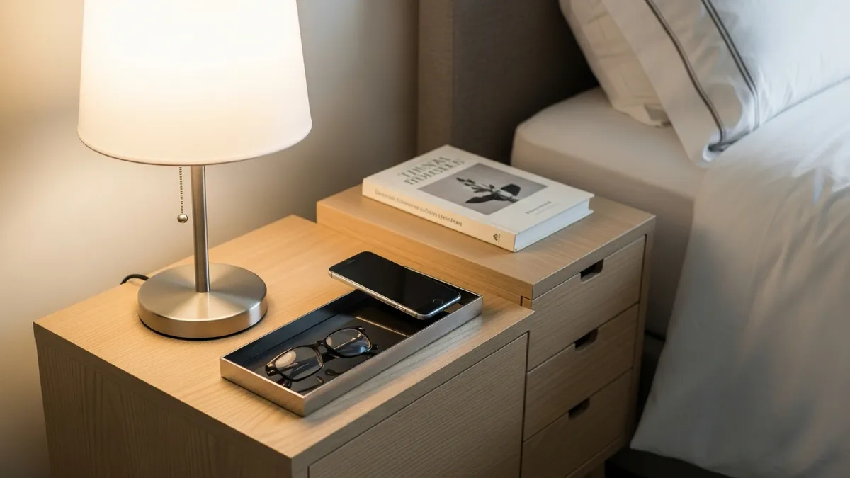 Organized bedroom nightstand with tray organizer and drawer unit for efficient bedside storage