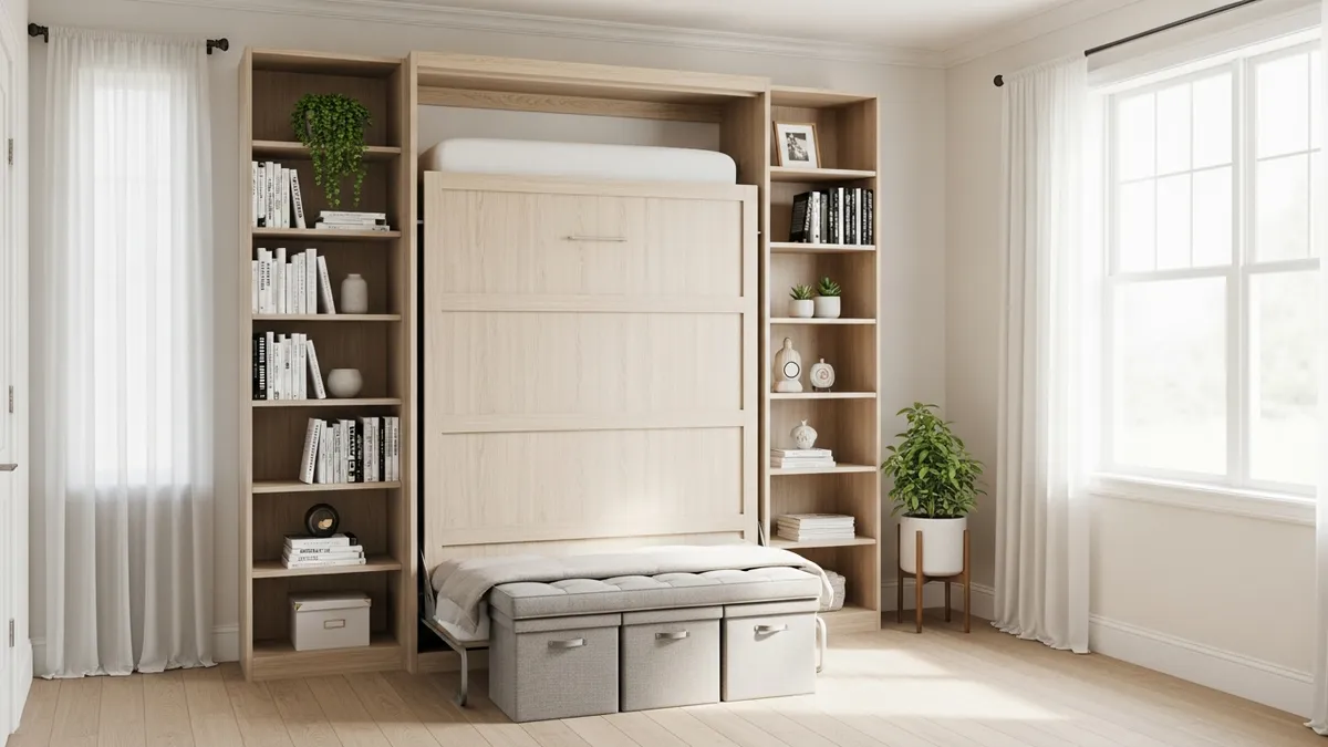 Small bedroom with Murphy bed and vertical shelving towers as creative bedroom storage ideas for tight spaces
