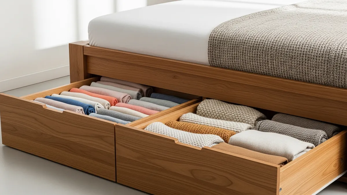 Under-bed storage drawers filled with folded clothes as a smart bedroom storage idea