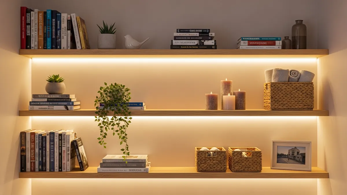 Floating wall shelves in a bedroom used for stylish and functional storage display
