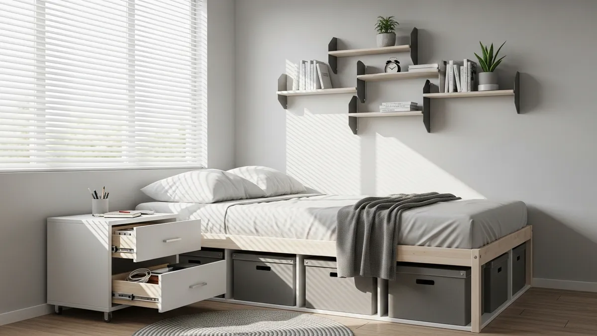 Small bedroom with smart storage solutions including under-bed storage and wall shelves