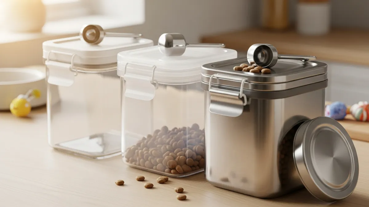 Different types of airtight storage containers for pet food showing glass, plastic, and stainless steel options
