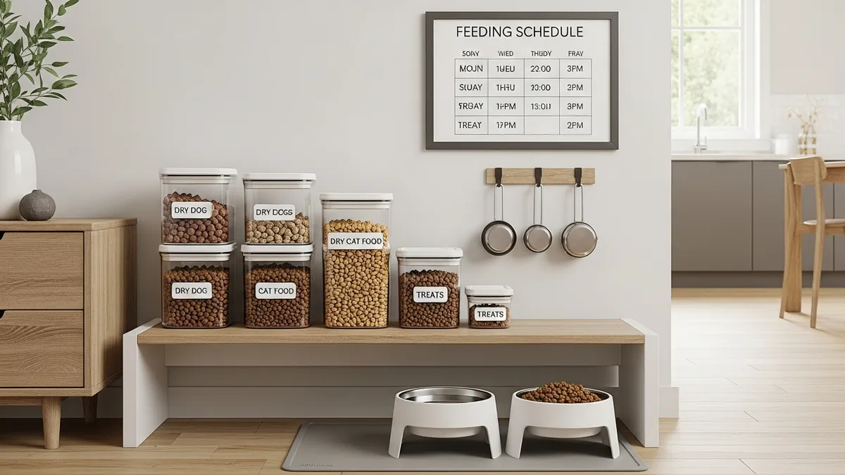 Organized pet feeding station with multiple airtight storage containers for pet food and feeding accessories