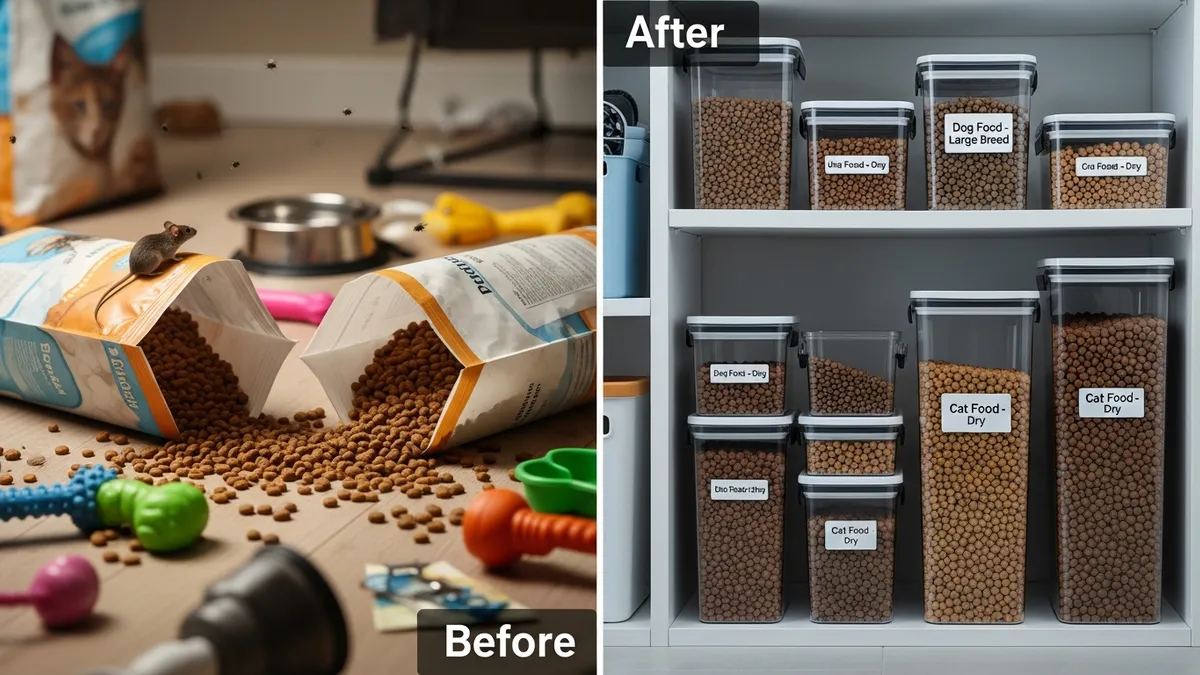 Comparison showing benefits of airtight storage containers for pet food in preventing pests and maintaining freshness