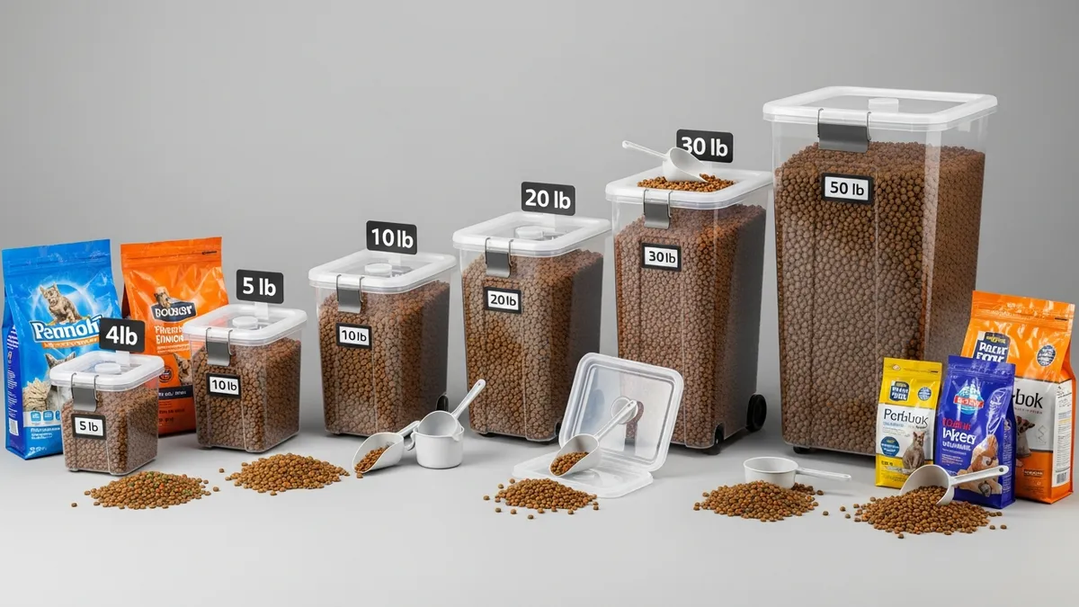Size comparison of airtight storage containers for pet food showing small to large capacity options