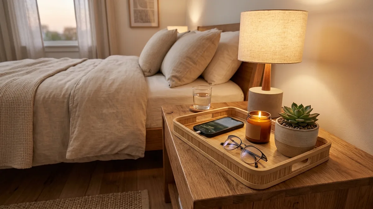 Organized bedroom nightstand with small tray, phone, glasses and candle in a cozy modern bedroom