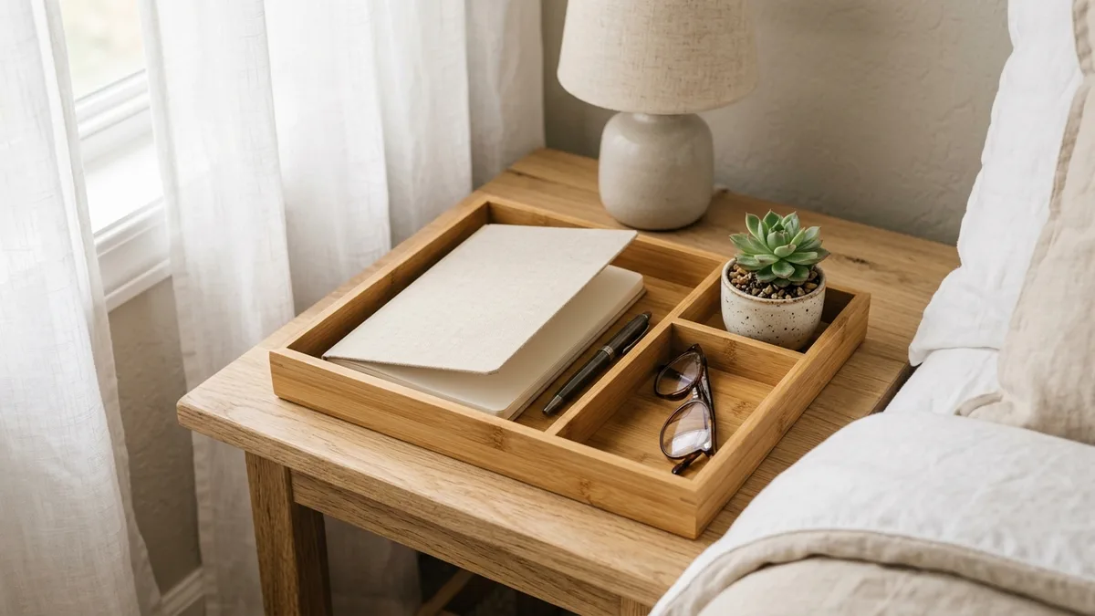 Natural bamboo nightstand organizer tray holding journal, pen and glasses on a light wood bedside table