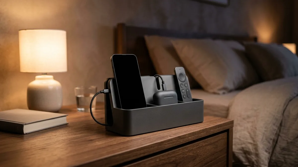 Sleek bedside charging station organizer with cable management holding phone, earbuds and remote on nightstand