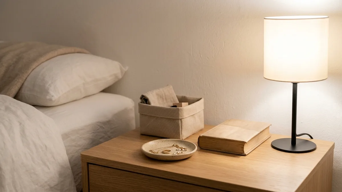 Well-organized nightstand surface with fabric bin, ceramic jewelry dish, book and minimalist lamp in neutral tones