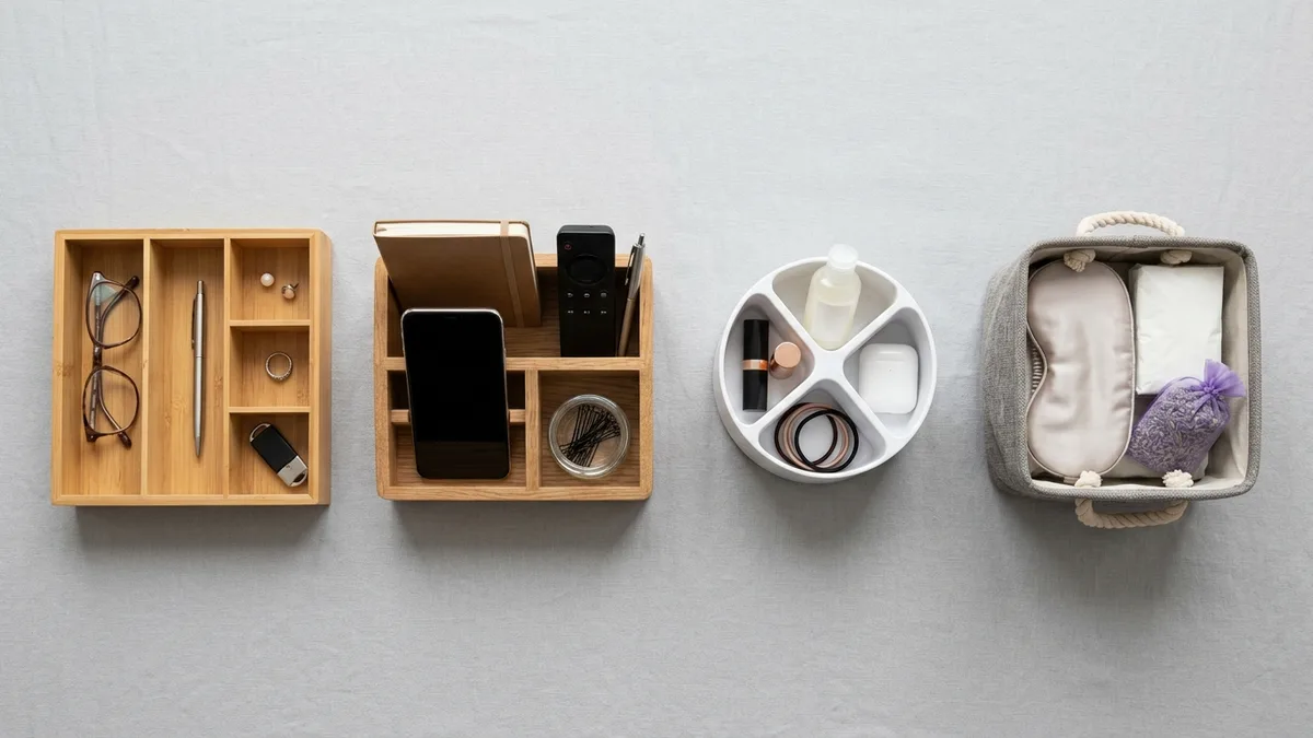 Various types of bedroom nightstand organizers including bamboo tray, rotating caddy and fabric bin on gray surface