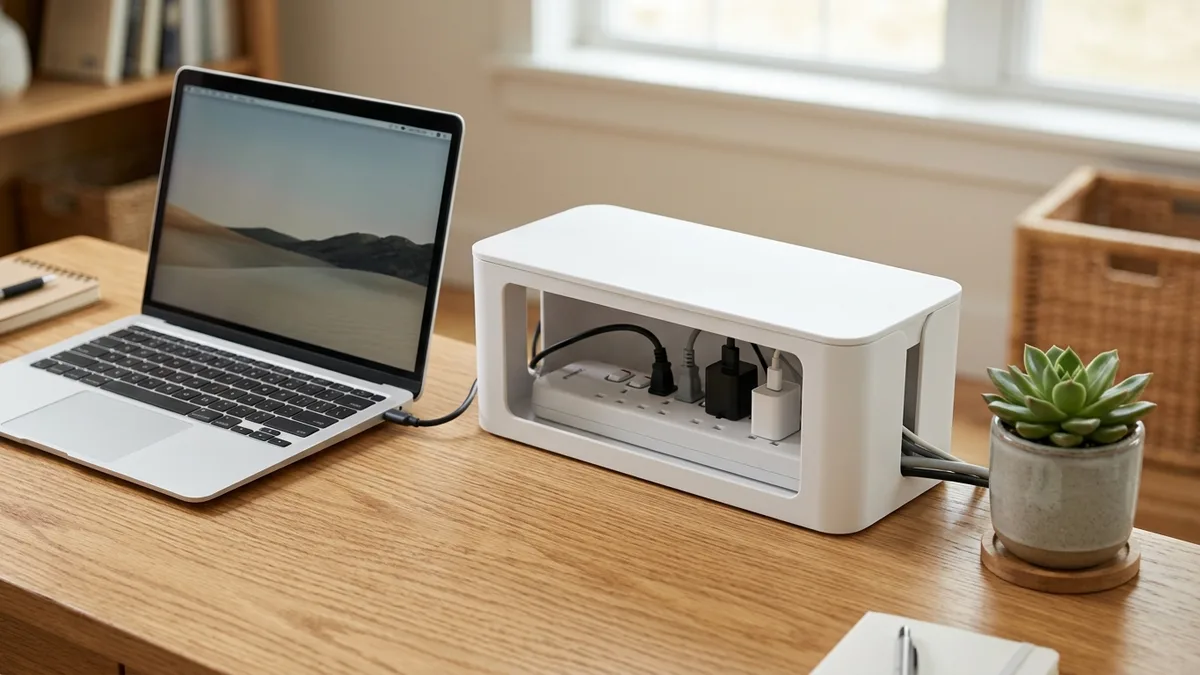 White cable management box hiding power strip and cords on a tidy home office desk