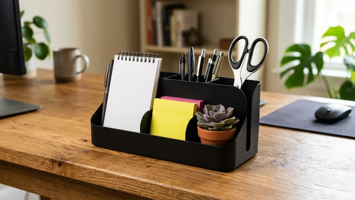 Matte black multi-slot desktop caddy organizer holding pens scissors notepad and small succulent on wooden desk