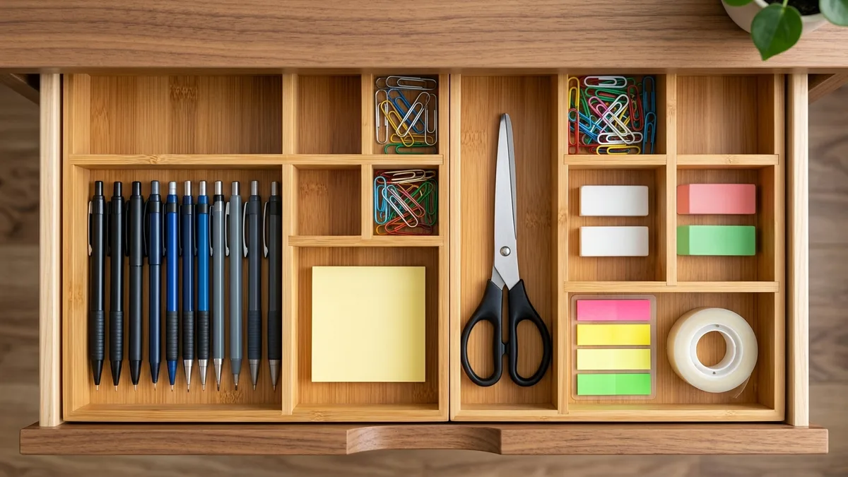 Bamboo drawer organizer inserts neatly separating pens clips and office supplies inside a desk drawer