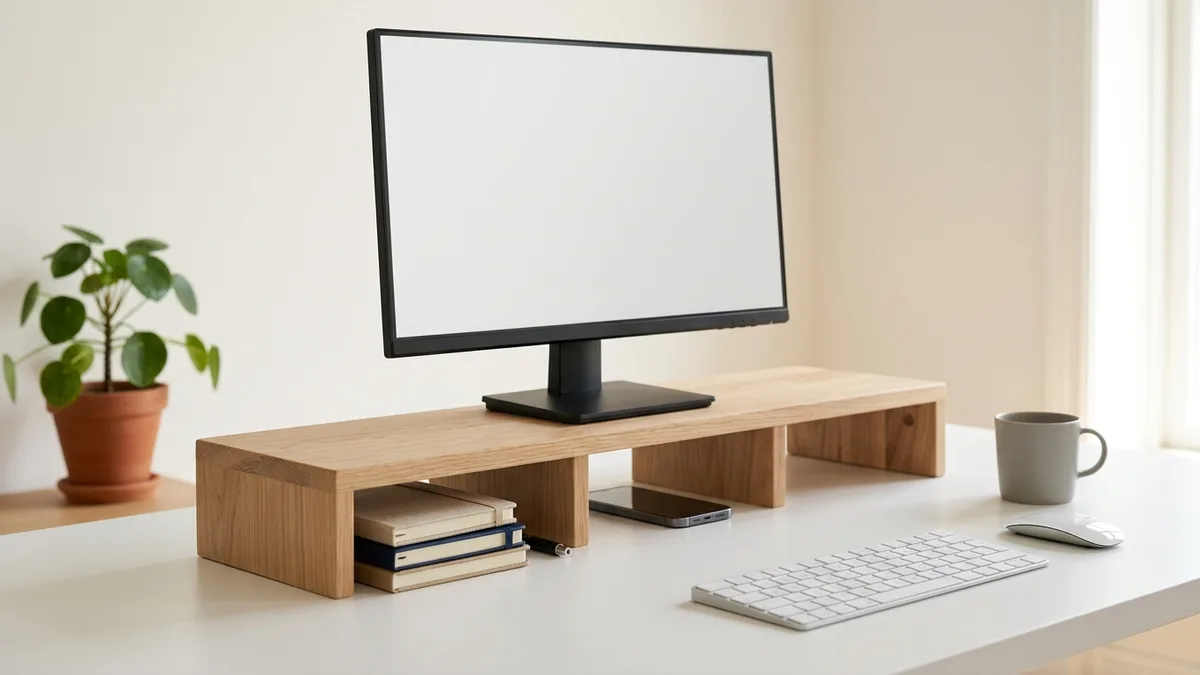 Light wood monitor riser with under-desk storage compartments on a minimalist home office desk