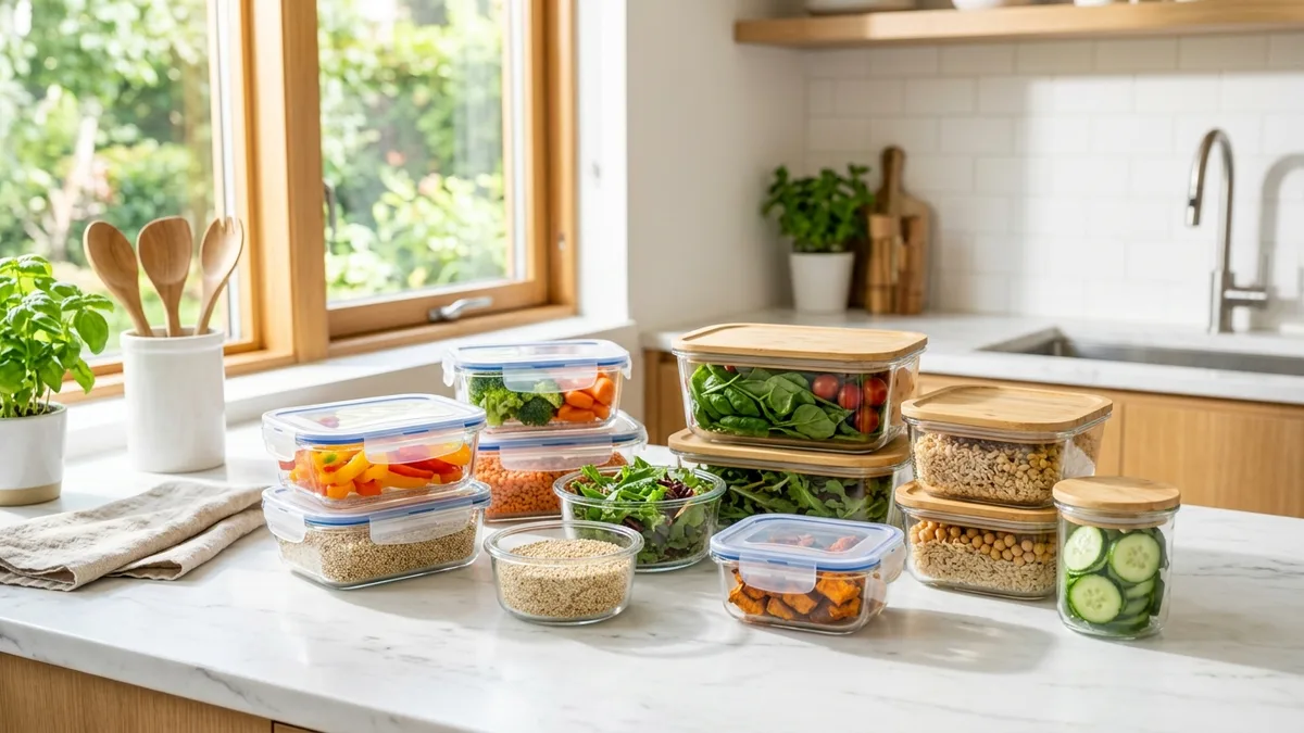 Assorted tempered glass food storage containers with snap-lock lids organized on a modern kitchen countertop