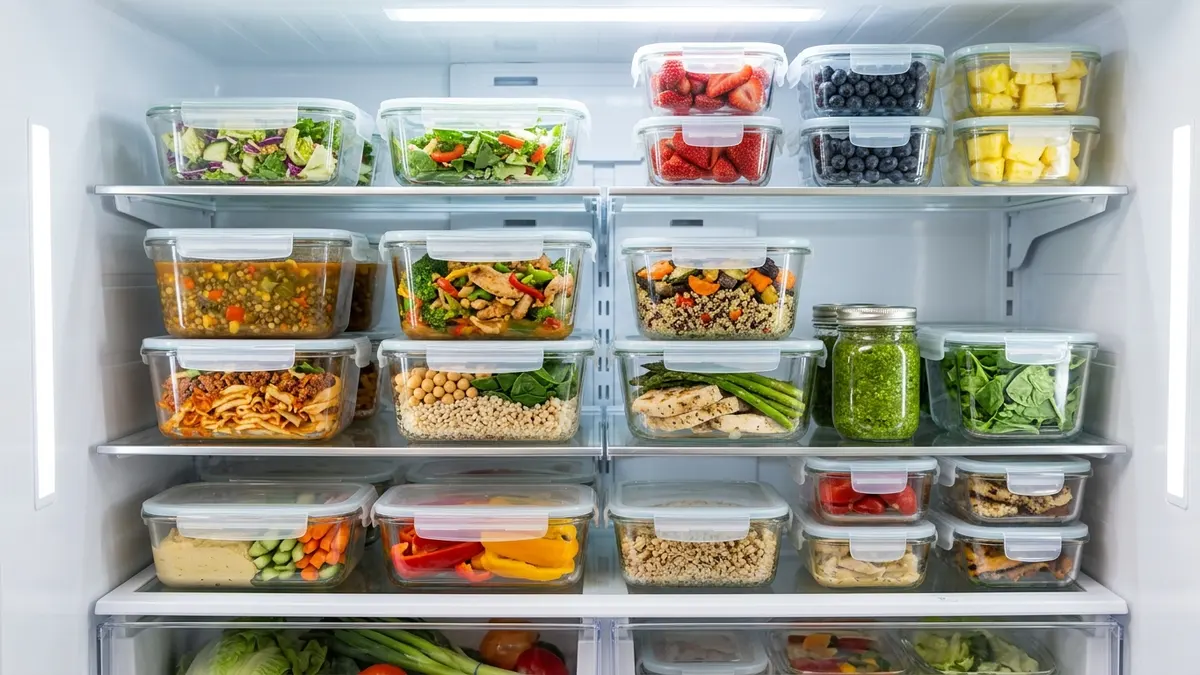 Organized refrigerator shelves stacked with clear glass food storage containers filled with meal prep ingredients