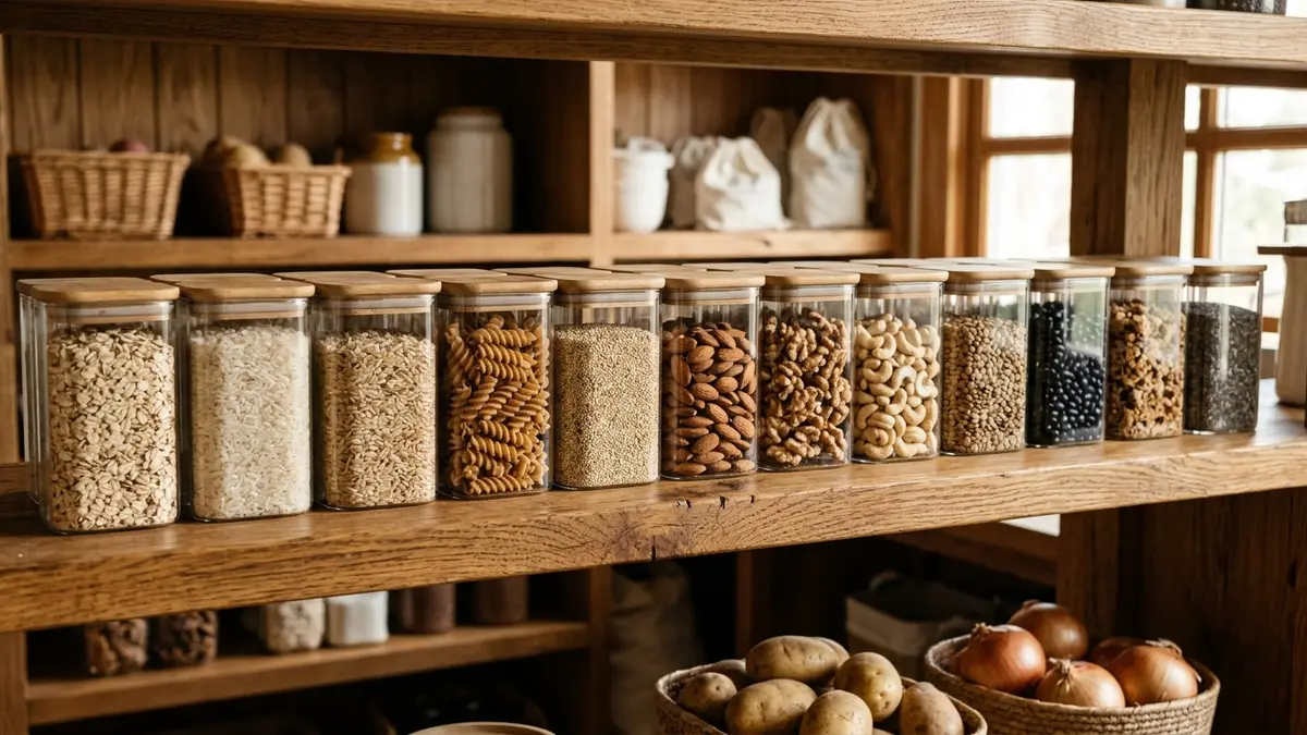 Square glass food storage containers with bamboo lids neatly labeled and organized on a pantry shelf