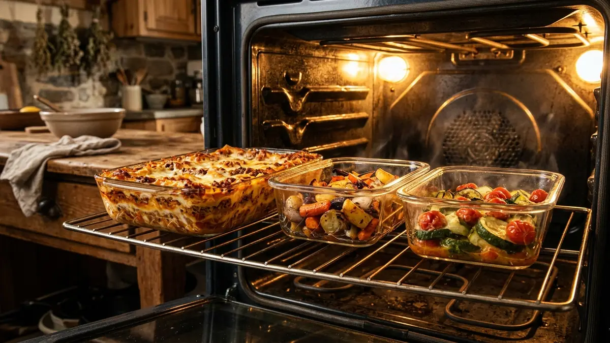 Borosilicate glass food storage containers used for oven baking inside a home kitchen oven