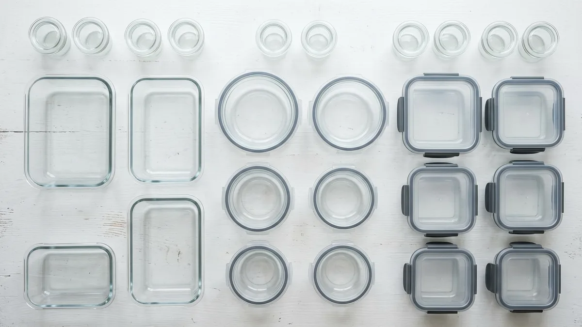 Flat lay of various types of glass food storage containers including rectangular round and square shapes with lids