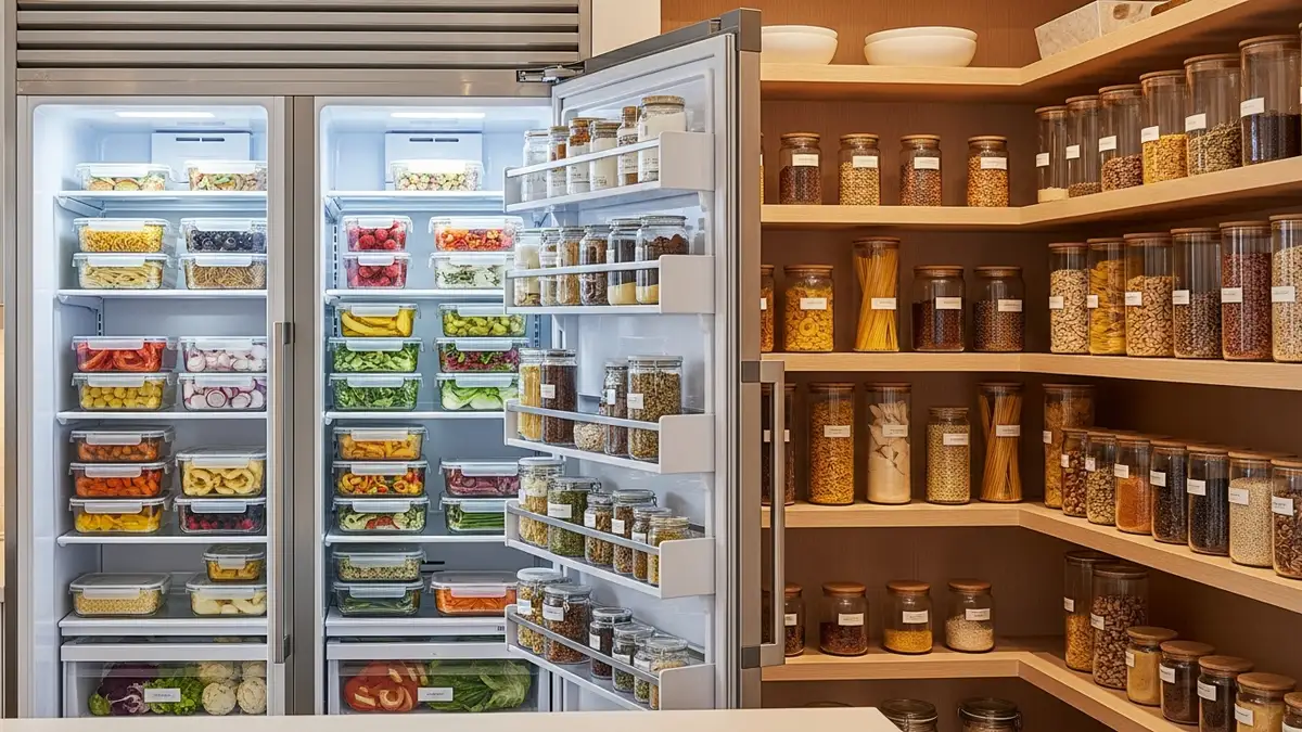 Organized kitchen storage featuring glass food containers in refrigerator and pantry shelves