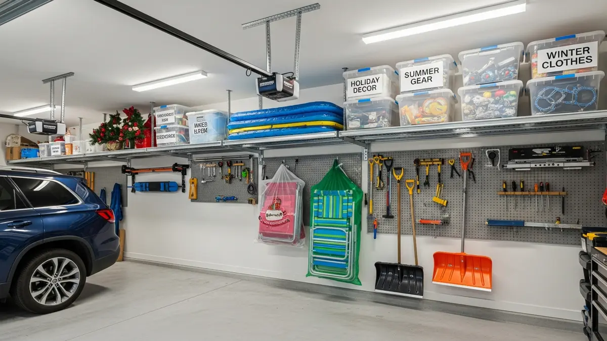 Ceiling mounted garage storage racks for seasonal items and boxes