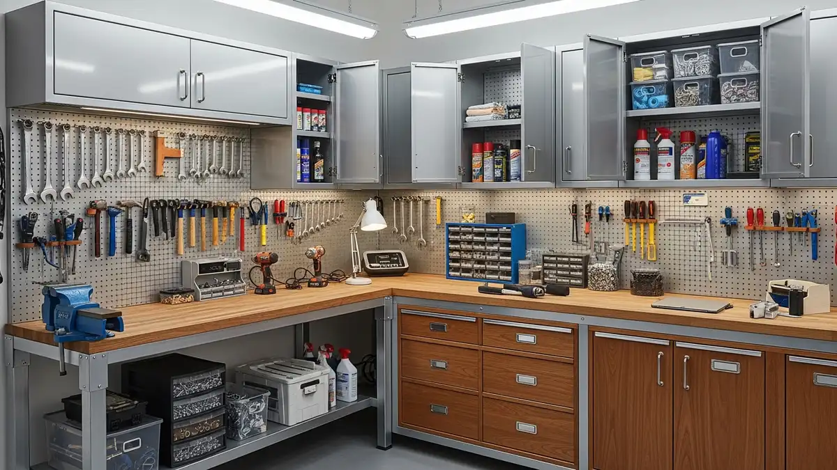 Garage storage cabinets and workbench organization system