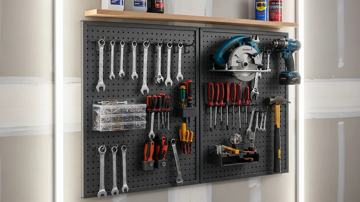 Garage wall storage solutions with pegboard and tool organization system