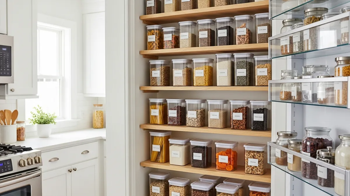 Glass food storage containers organized in refrigerator and pantry for optimal food storage