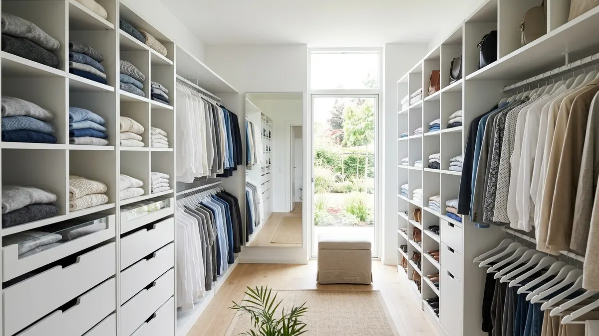 White modular closet system with double hanging rods, open shelving, and pull-out drawers in a walk-in wardrobe