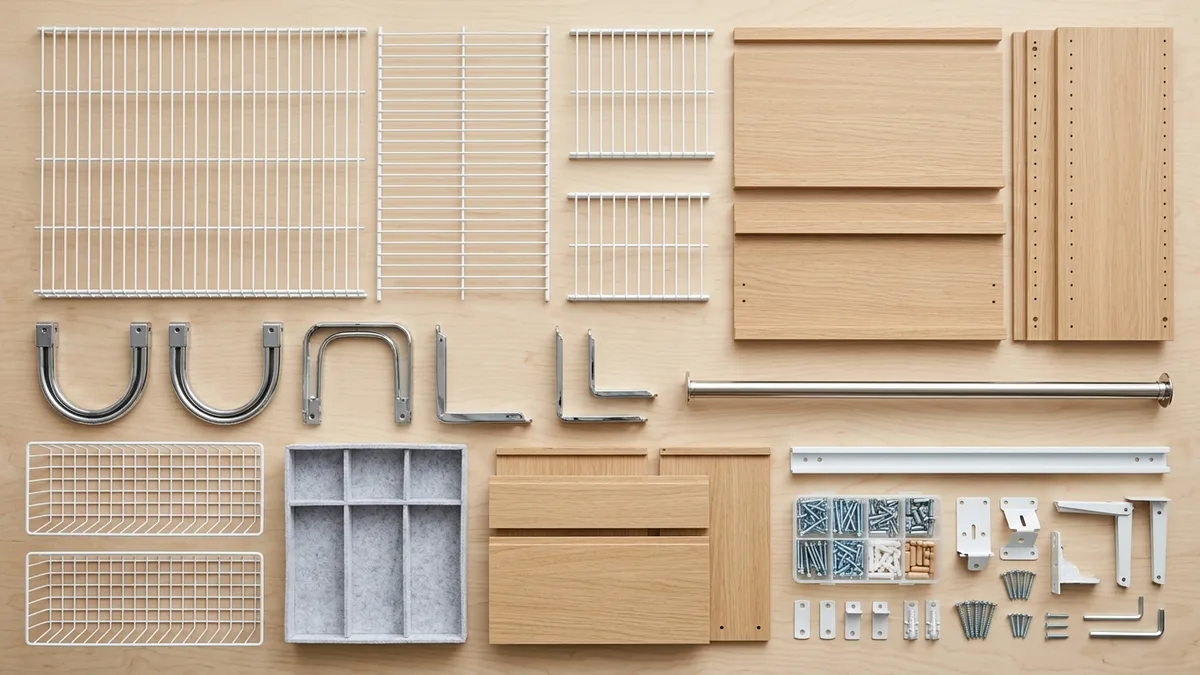 Modular closet system components including shelves, hanging rails, drawer units, and mounting hardware laid out on a flat surface
