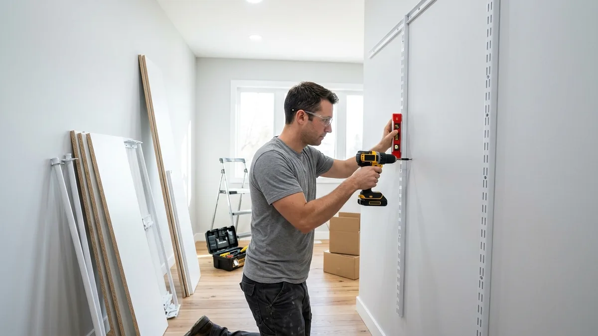 Person installing wall-mounted modular closet panels with a drill and level in a bright bedroom