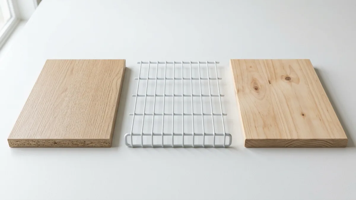 Three modular closet shelf material samples including laminated wood panel, powder-coated wire shelf, and solid wood board compared side by side