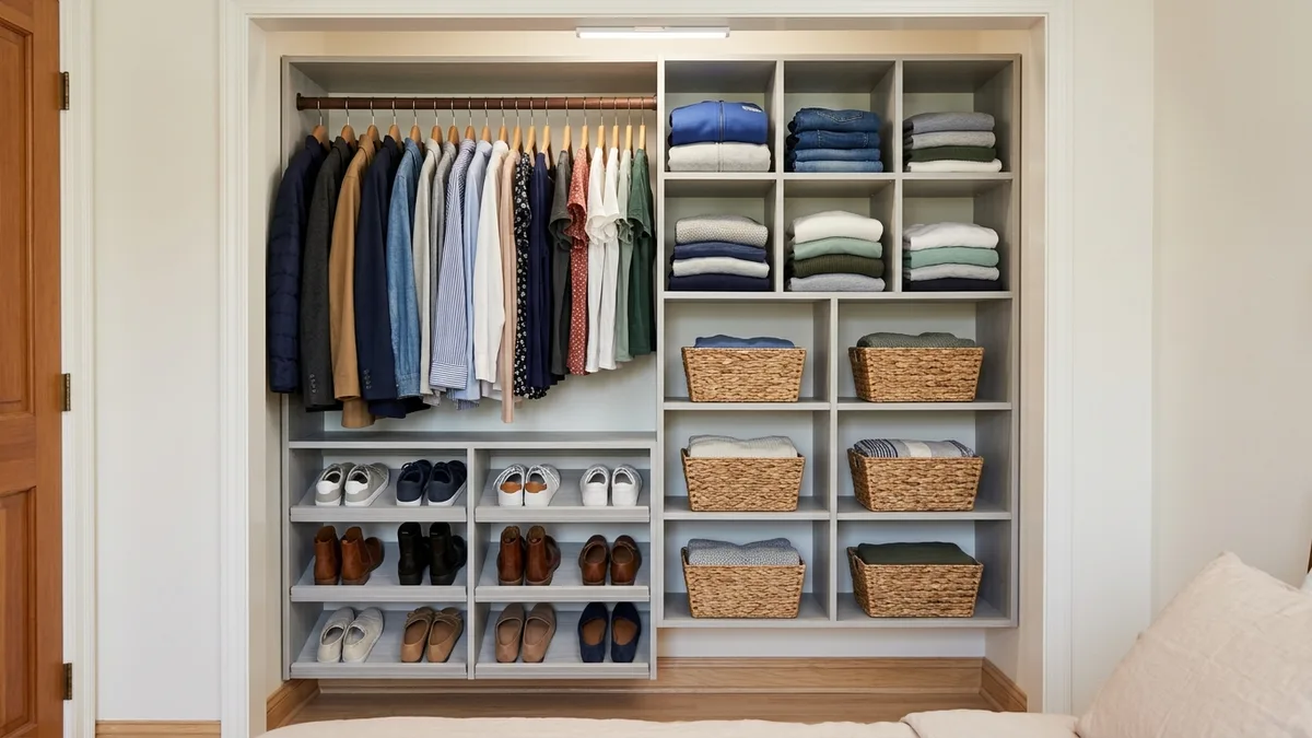 Compact reach-in closet organized with a modular shelving system featuring shoe shelves, a single hanging rod, and folded item cubbies