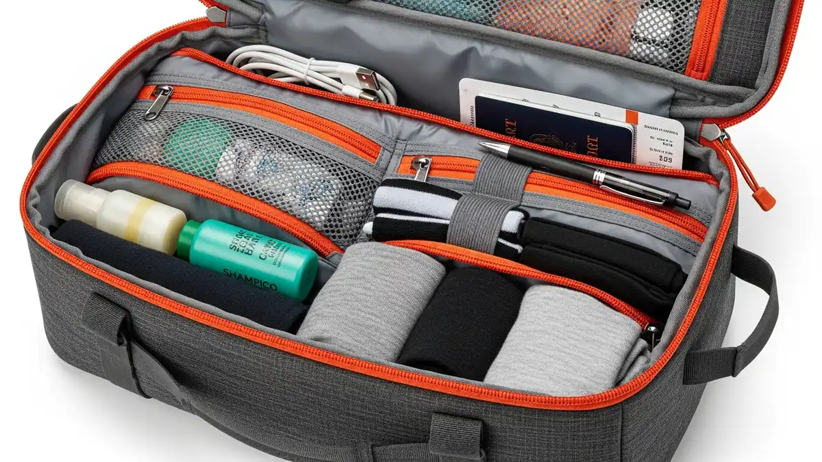 Travel bag organizer compartments showing mesh pockets and zippered sections