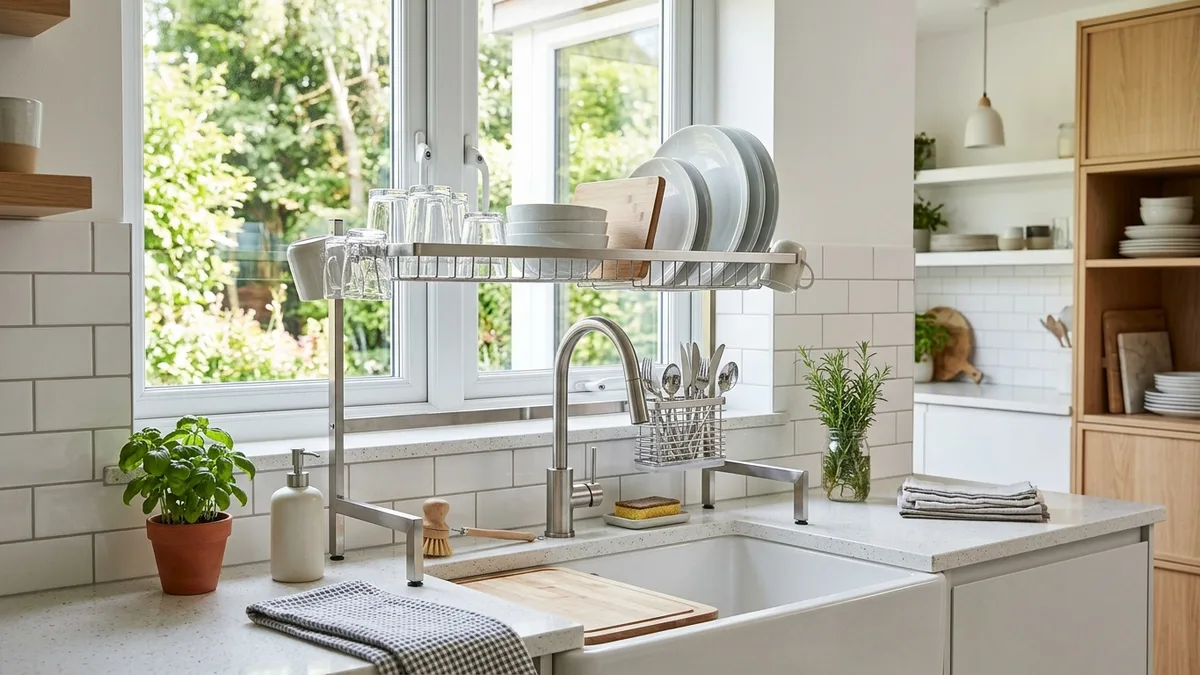 Stainless steel over-the-sink dish drying rack with clean plates and glasses above a white kitchen sink