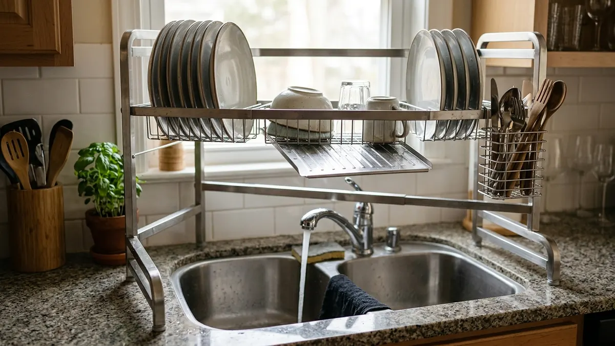 Expandable brushed stainless steel over-sink dish rack with built-in draining board in a compact kitchen