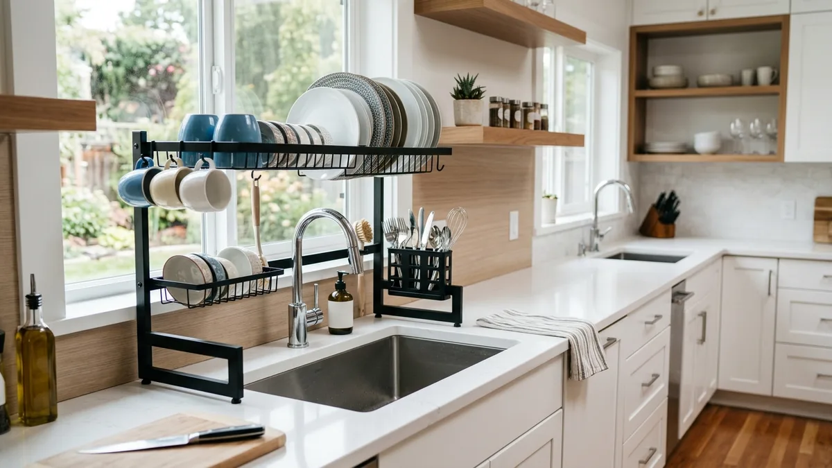 Two-tier over-the-sink drying rack holding plates mugs and cutlery in a clean modern kitchen